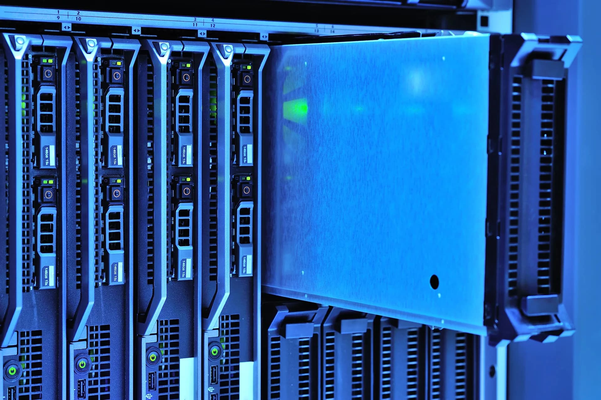 Server rack with blade drive bays and status lights